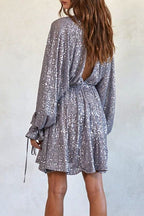 V Neck Balloon Sleeves Backless Drawstring Sequin Dress(in 4 Colors)