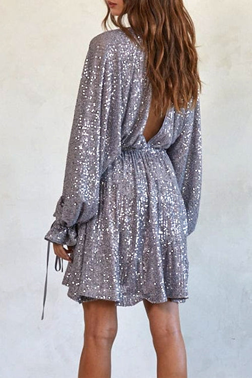 V Neck Balloon Sleeves Backless Drawstring Sequin Dress(in 4 Colors)