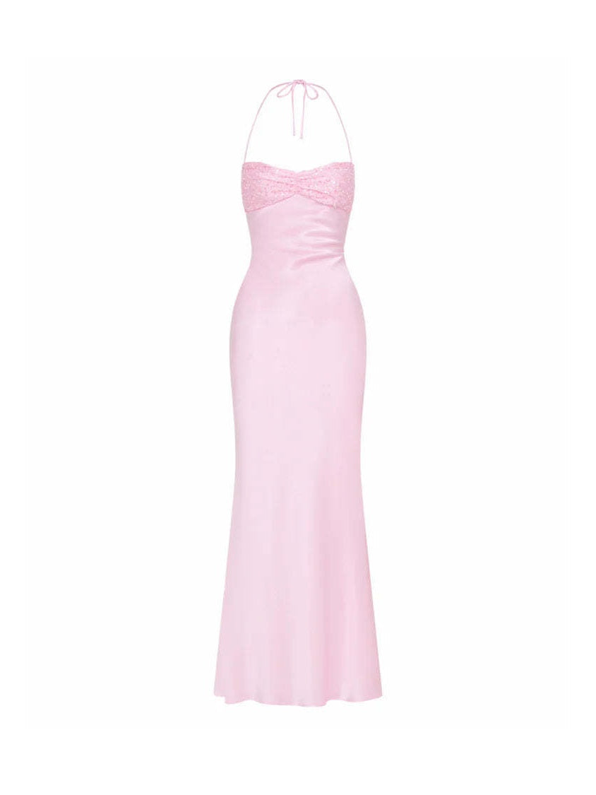 Strapless Sequined Satin Backless Tie-waist Bodycon Maxi Dress