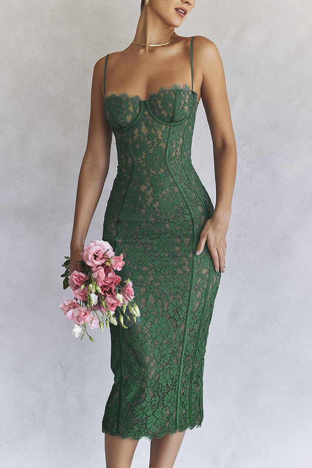Floral Lace Underwire Corset Spaghetti Strap Paneled Seam Midi Dress