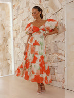 Printed Puff Sleeve Sweetheart Collar Vacation Maxi Dresses