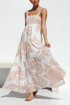 Adjustable Strap Waisted Soleil Print Ruffle Maxi Dress