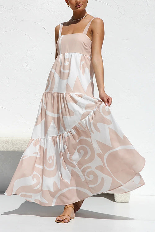 Adjustable Strap Waisted Soleil Print Ruffle Maxi Dress