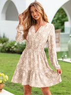 V-neck, Jacquard, Elastic Waist, Full Skirt, Long Sleeves, Ruffled Hem Short Dress