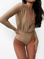 V-neck Slim Fit Pleated Decoration Base Layer Splicing Long-sleeved Bodysuit