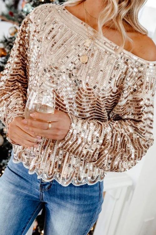 Crewneck Long sleeve Sparkly Sequin Tops