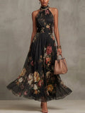 Halter Printed Elegant Temperament Stand Collar Vacation Maxi Dresses