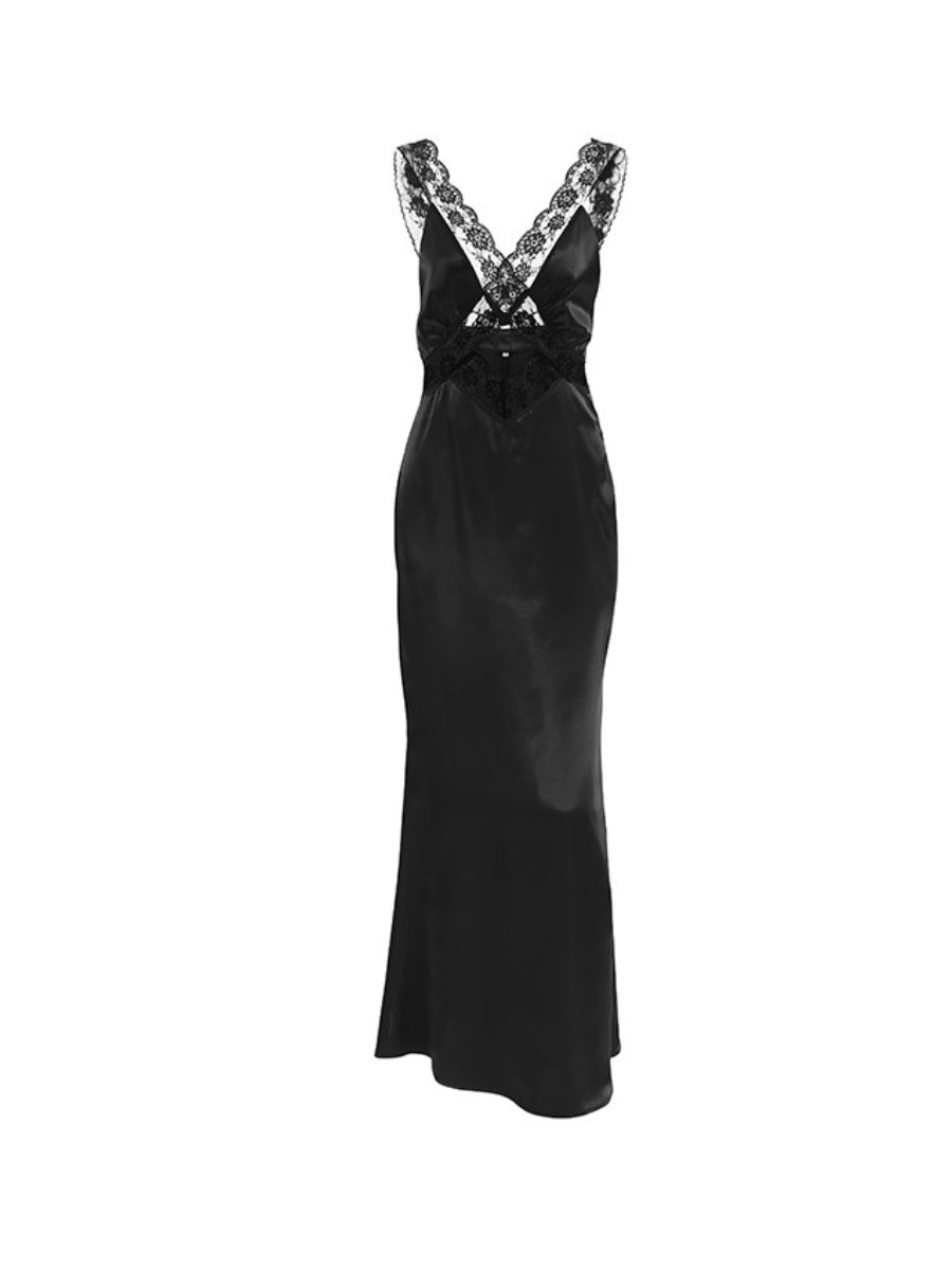Black Sexy Hollowed-out V-neck Lace Trim Fishtail Long Dress