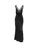 Black Sexy Hollowed-out V-neck Lace Trim Fishtail Long Dress