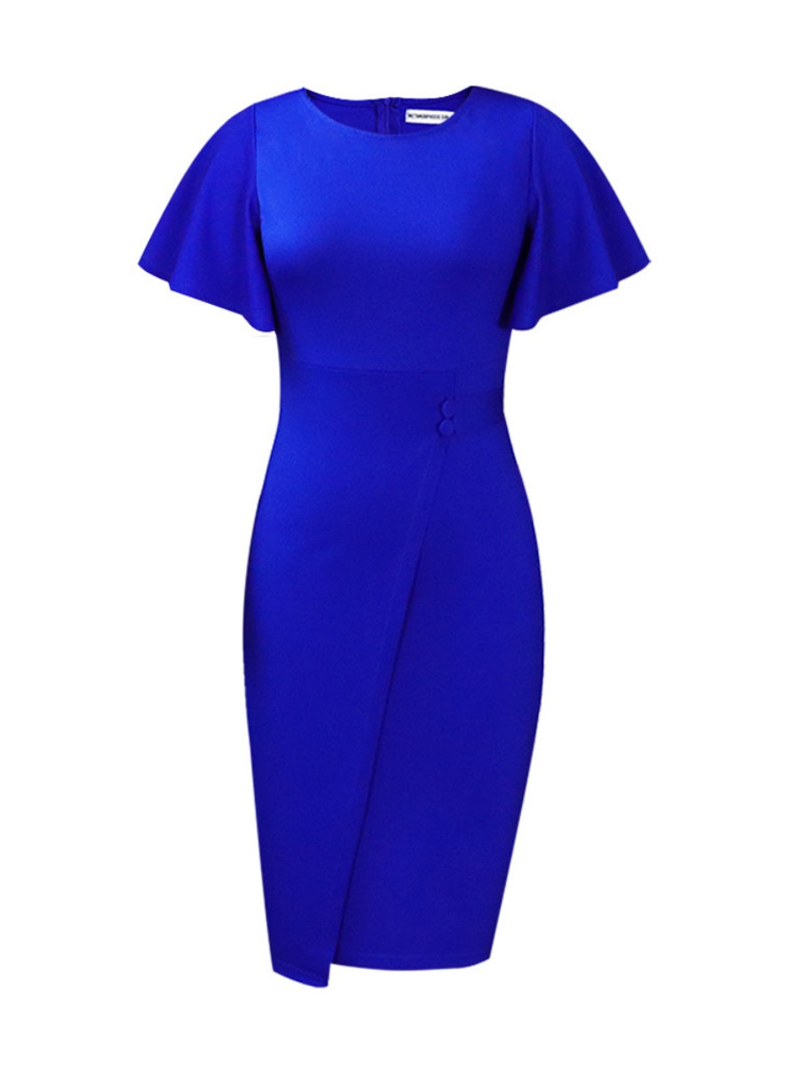 Commuting Lotus Leaf Sleeves Buttons Solid Color Mini&Short Dresses