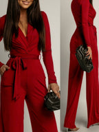 Zebra Print V-neck Long Sleeve Wide-leg Pants Jumpsuits