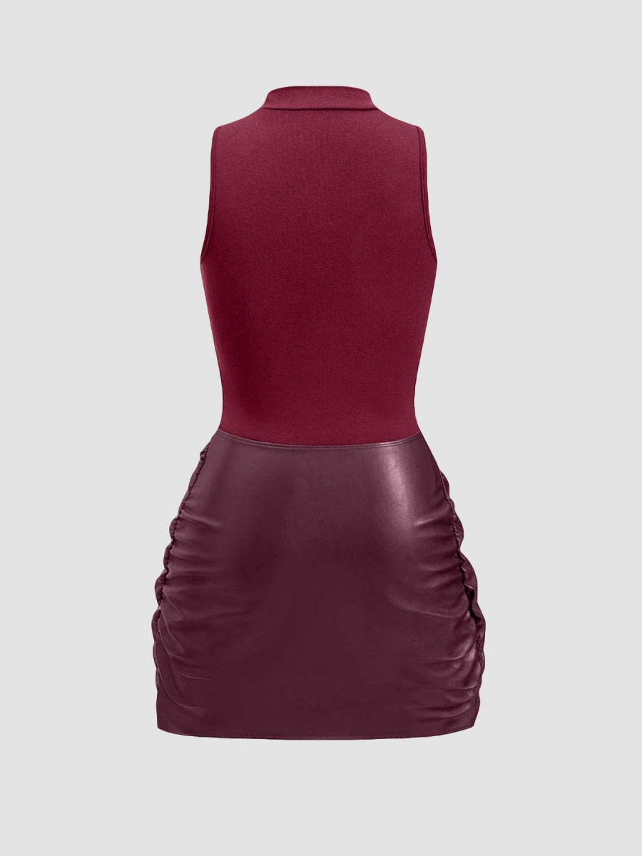 Sleeveless Mini Dress With Front Tie And PU Trim Two-piece Set