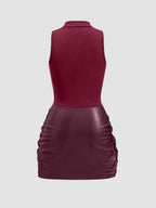 Sleeveless Mini Dress With Front Tie And PU Trim Two-piece Set