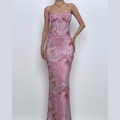 Halter print ruched bustier high slit knotted maxi dress  | Festival Outfits Women