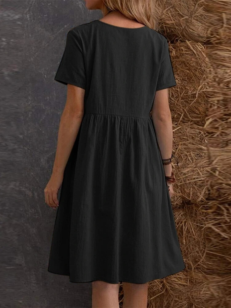 Retro Loose-fitting Pocket Solid Color Round Neck Cotton Linen Short Dress