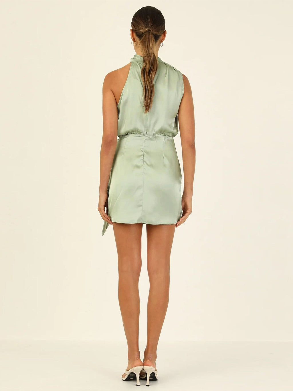Satin Belted Sleeveless Stand Collar Tie Waist Short Dress