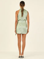 Satin Belted Sleeveless Stand Collar Tie Waist Short Dress