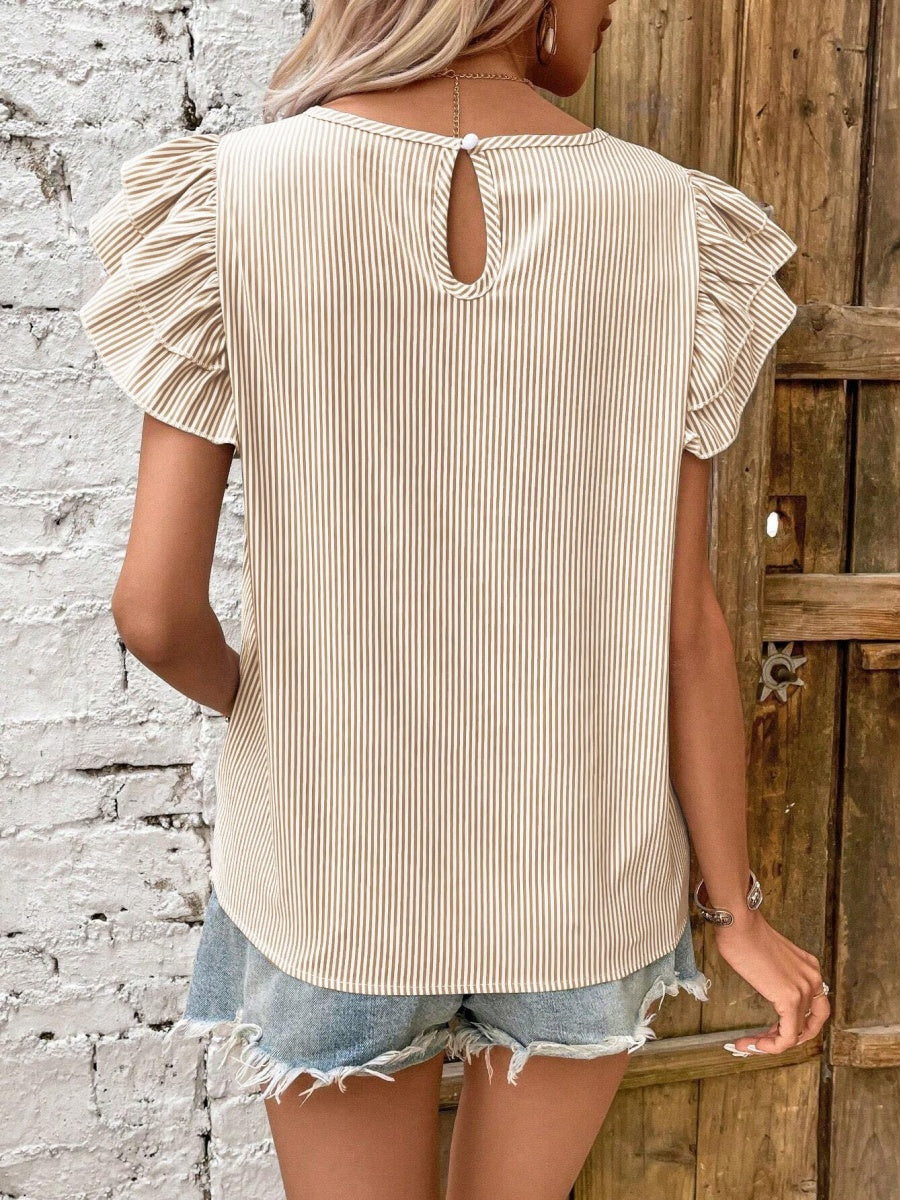 Round Neck Striped T-shirt With Ruffled Sleeves