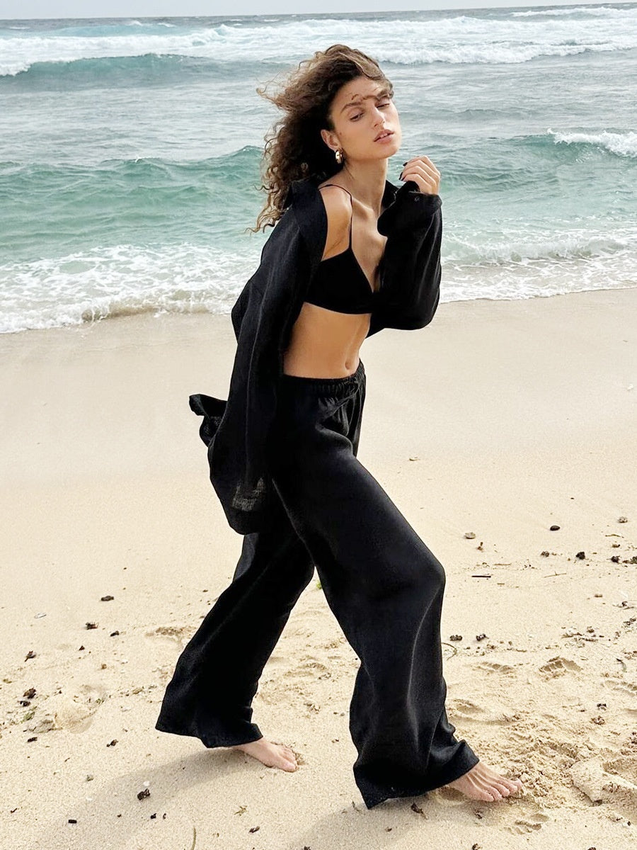Loose-fitting Long-sleeved Shirt And Casual Trousers Two-piece Set