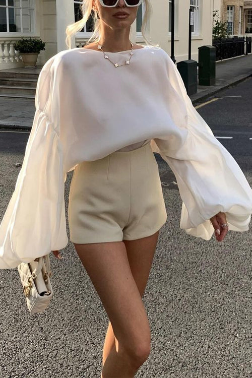 Stylish Boat Neck Puff Sleeves Satin Top