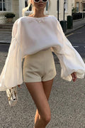 Stylish Boat Neck Puff Sleeves Satin Top