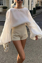 Stylish Boat Neck Puff Sleeves Satin Top