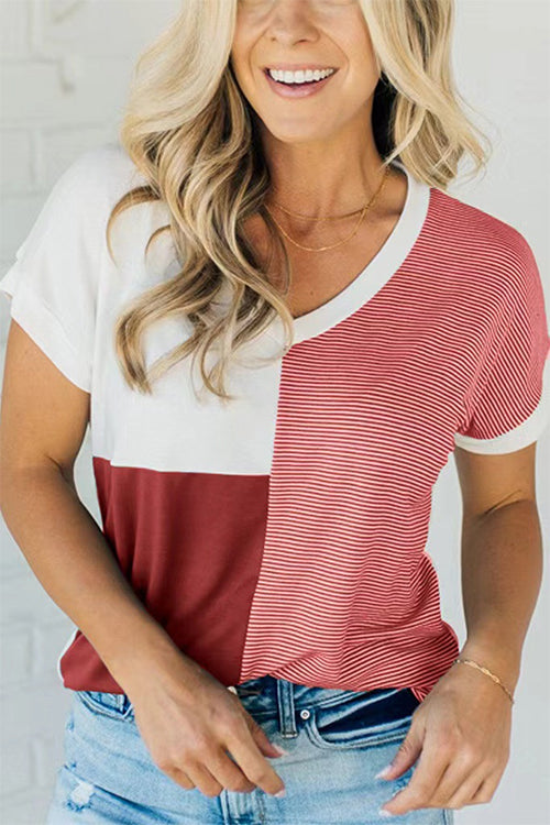 V Neck Stripe Splice Color Block T-shirt