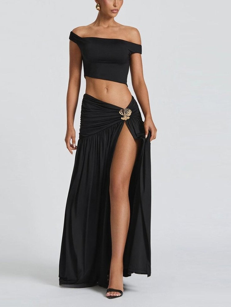 Off-shoulder Crop Top Tank Top And Fitted Side Slit Skirt Two-piece Set