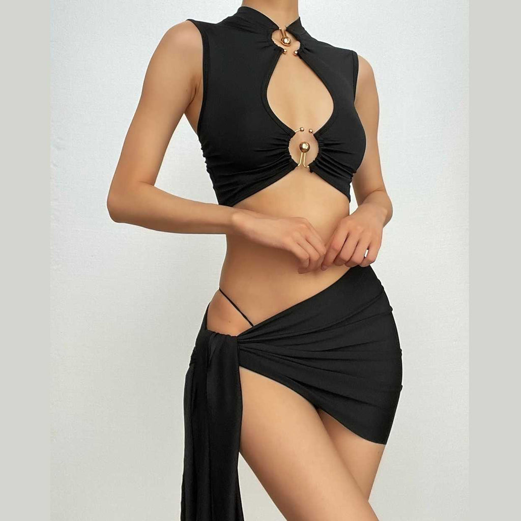 Sleeveless o ring self tie hollow out solid mini dress