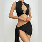 Sleeveless o ring self tie hollow out solid mini dress
