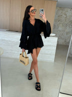 V-neck, Irregular Tie-waist, Long-sleeved, Loose-fitting Short Dress