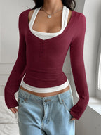 Faux Two-piece U-neck Halter Neck Long-sleeved T-shirt