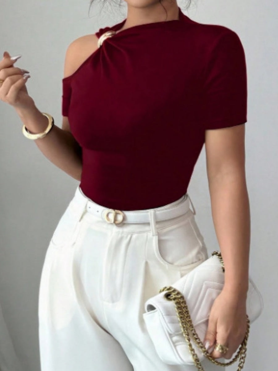 Asymmetrical Neckline, One-shoulder, Metallic Embellishment, Slim-fitting T-shirt