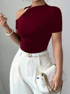 Asymmetrical Neckline, One-shoulder, Metallic Embellishment, Slim-fitting T-shirt