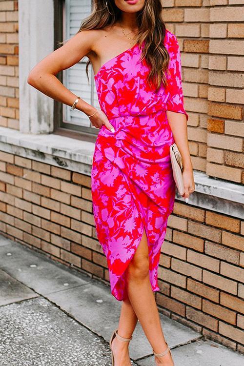 One Shoulder Waisted Ruched Floral Dress