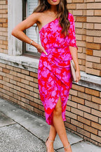 One Shoulder Waisted Ruched Floral Dress