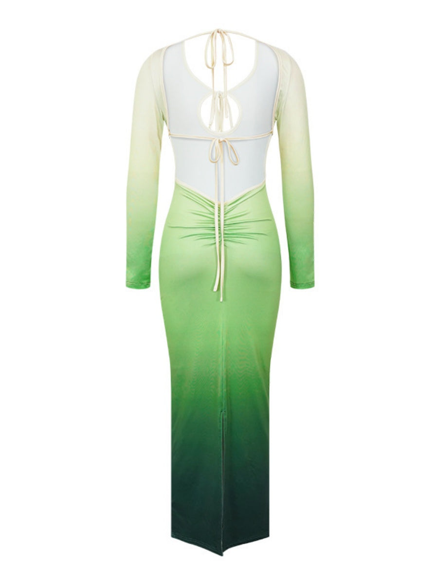 Deep V Gradient Backless Hip-hugging Sexy Stretch Maxi Dresses