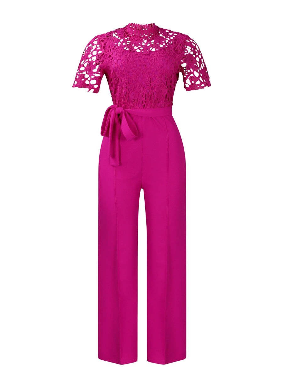 Lace Trim Hollow Short Sleeve Bandage High Waist Wide Leg Jumpsuits