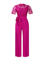 Lace Trim Hollow Short Sleeve Bandage High Waist Wide Leg Jumpsuits