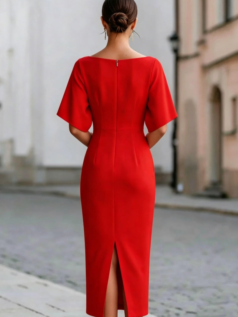 Solid Color Short-sleeved Fitted Waist Midi Dress