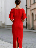 Solid Color Short-sleeved Fitted Waist Midi Dress