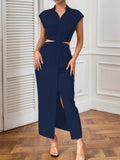 Backless Bare Waist Lapel Bodysuit With Slits Maxi Dresses