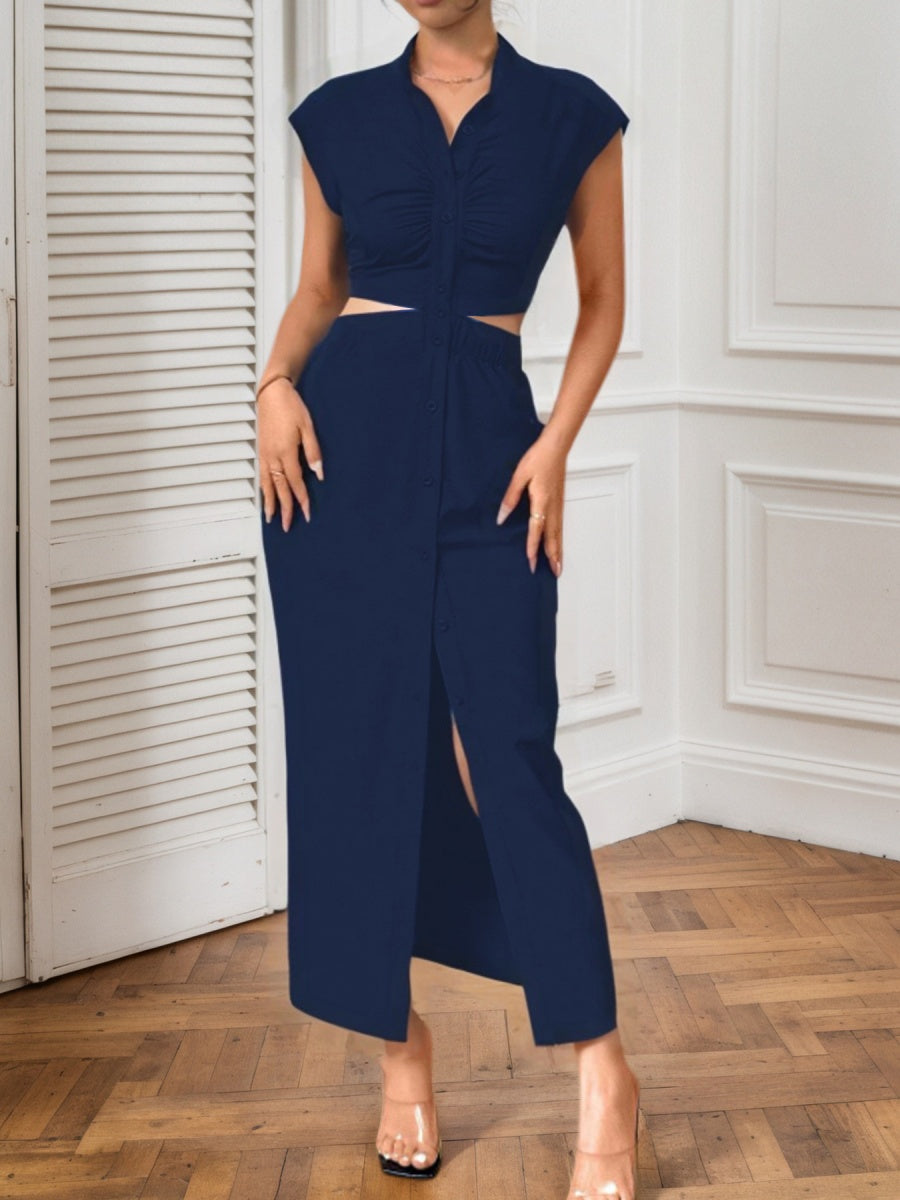 Backless Bare Waist Lapel Bodysuit With Slits Maxi Dresses
