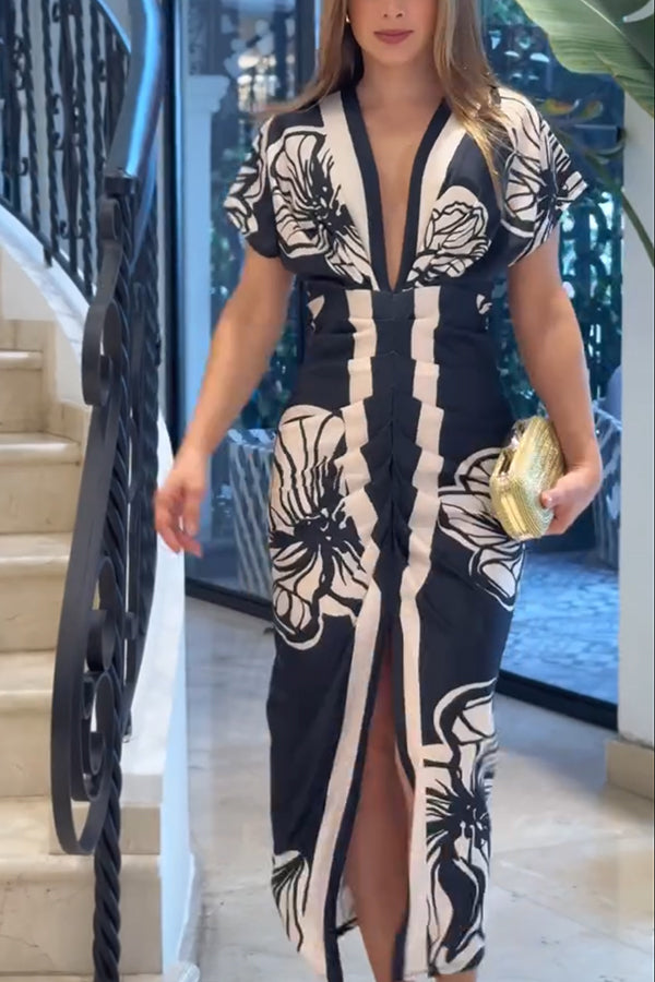 Brazilian Style Unique Print Dolman Long Sleeve Ruched Slit Midi Dress  Vestidos