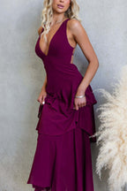 Solid Color V-neck Sleeveless Elegant Layered Maxi Dress