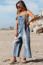 Blue Zone Planet | Stone Blue Distressed Bib Pocket Wide Leg Denim Overall
