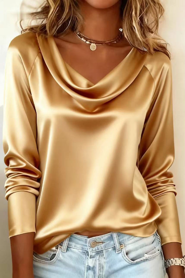Solid Color Satin Casual Long-sleeved Draped Shirt