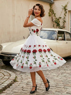 Rose Embroidered Vintage Midi Swing Dress for Women - 1950s Off Shoulder Style A-Line - Summer Tea Party 2026