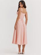 Soft Pink Summer Dress Sleeveless Straps Neck Cottagecore Lace Up Midi Dress For Women