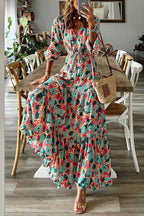 Abstract Floral Print Drawstring Waist Tiered Blouson Sleeve Maxi Dress